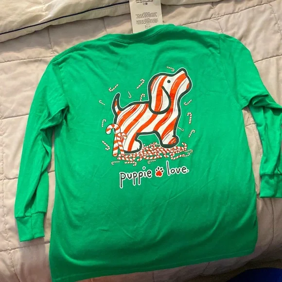 Green Christmas addition puppy love long sleeve shirt. - Picture 2 of 2
